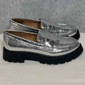 J. Crew Croc Metallic Lug-Sole Penny Loafers-Metallic Silver
-Women Size 6.5